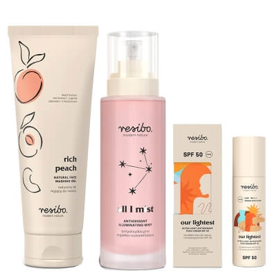 Resibo Rich Peach + All I Mist + Our Lightest SPF 50 ZESTAW Żel myjący 125 ml + Mgiełka rozświetlająca 100 ml + Krem SPF 50 50 ml