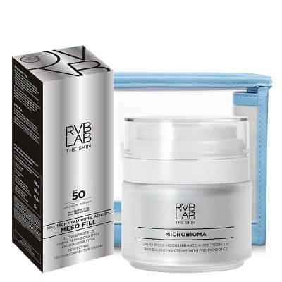 RVB LAB Make Up Pielęgnacja Liftingujaco - Nawilżająca ZESTAW Liftingujący krem na przebarwienia 50 ml + Bogaty krem z pre-biotykami 50 ml + Kosmetyczka 1 szt