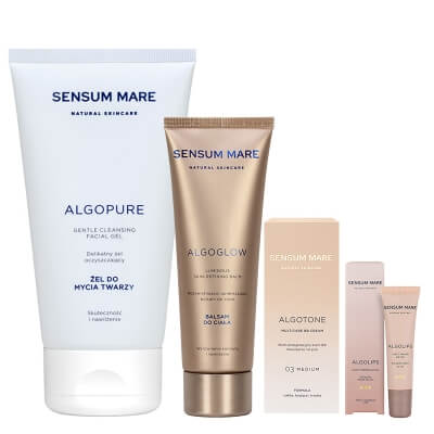 Sensum Mare AlgoTone + AlgoLips + Luminous Skin Balm + AlgoPure Cleansing Facial Gel ZESTAW Multi - pielęgnacyjny krem BB (kolor Medium) 30 ml + Soczysty olejek do ust (kolor Nude) 10 ml + Rozświetlająco - upiększający balsam d