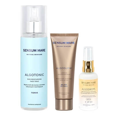 Sensum Mare AlgoTonic + AlgoDrops Satin + Luminous Skin-Refining Balm ZESTAW Tonik 200 ml + Emulsja ochronna UVB UVA HEV/IR 50 ml + Rozświetlający balsam do ciała 125 ml