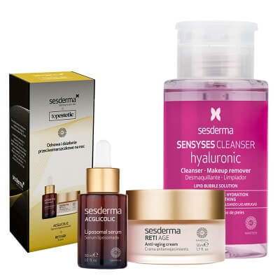 Sesderma Acglicolic Serum + Reti Age Cream + Sensyses Hyaluronic ZESTAW ZESTAW Pielęgnacja Przeciwzmarszczkowa i Odnawiająca na Noc - Serum 30 ml + Krem 50 ml + Płyn oczyszczający, liposomowy 200 ml