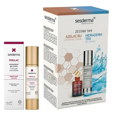 Sesderma Azelac RU + Hidraderm TRX Gel Cream + Ferulac Cream - Gel ZESTAW Serum liposomowe 30 ml + Krem-żel 50 ml + Antyoksydacyjny krem - żel do twarzy z kwasem ferulowym 50 ml
