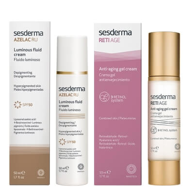 Sesderma Azelac RU Luminous Fluid Cream + Reti Age Anti-Aging Gel Cream ZESTAW Emulsja rozświetlająca SPF 50 50 ml + Krem-żel przeciwstarzeniowy 50 ml