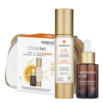 Sesderma C-VIT Set ZESTAW Serum liposomowe 30 ml + Krem rozświetlający 50 ml + Kosmetyczka Złota 1 szt