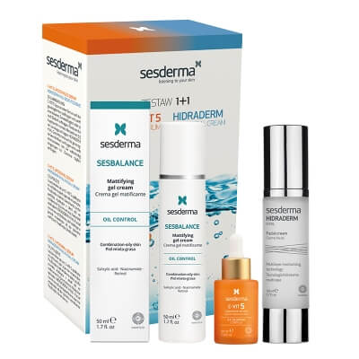 Sesderma Hidraderm Hyal + C-VIT 5 Liposomal Serum + Sesbalance Mattifying Gel Cream ZESTAW ZESTAW Krem do twarzy 50 ml + Serum do twarzy z witaminą C 30 ml Kartonik + Krem-żel matujący do skóry z tendencją do trądziku i błys