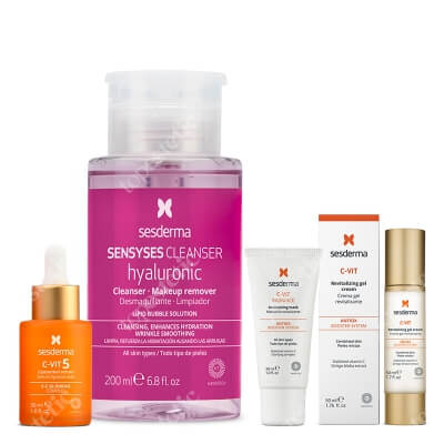 Sesderma Pielęgnacja Rozświetlająca Skóry z Przebarwieniami ZESTAW Serum do twarzy z witaminą C 30 ml + Krem żel 50 ml + Rewitalizująca maska 30 ml + Płyn oczyszczający, liposomowy 200 ml