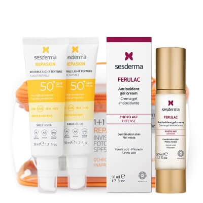 Sesderma Repaskin Fluido Invisible SPF 50+ New x 2 + Ferulac Cream - Gel ZESTAW ZESTAW Emulsja 50 ml x 2 + Antyoksydacyjny krem - żel do twarzy z kwasem ferulowym 50 ml + Kosmetyczka