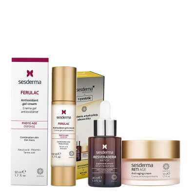 Sesderma Resveraderm Serum + Reti Age Cream + Ferulac Cream - Gel ZESTAW Serum liposomowe 30 ml + Krem przeciwzmarszczkowy 50 ml + Antyoksydacyjny krem - żel 50 ml