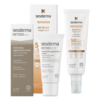 Sesderma Retises 0,25% + Repaskin Dry Touch SPF 50 ZESTAW Regenerujący krem przeciwzmarszczkowy 30 ml + Krem ochronny SPF50 50 ml