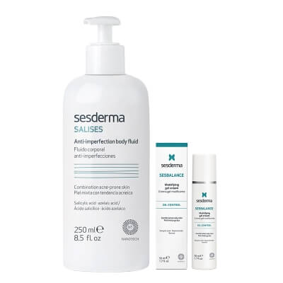 Sesderma Salises Anti - Imperfection Body Fluid + Sesbalance Mattifying Gel Cream ZESTAW Balsam do ciała przeciw niedoskonałościom 250 ml + Krem-żel matujący do skóry z tendencją do trądziku i błyszczenia z retinolem 50