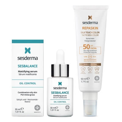 Sesderma Sesbalance Mattifying Serum + Repaskin Silk Touch Color SPF 50 ZESTAW Serum matujące, regulujące wydzielanie sebum z retinolem 30 ml + Koloryzujący krem zapewniający wysoką ochronę przeciwsłoneczną 50 m