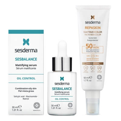 Sesderma Sesbalance Mattifying Serum + Repaskin Silk Touch Color SPF 50 ZESTAW Serum matujące, regulujące wydzielanie sebum z retinolem 30 ml + Koloryzujący krem zapewniający wysoką ochronę przeciwsłoneczną 50 m