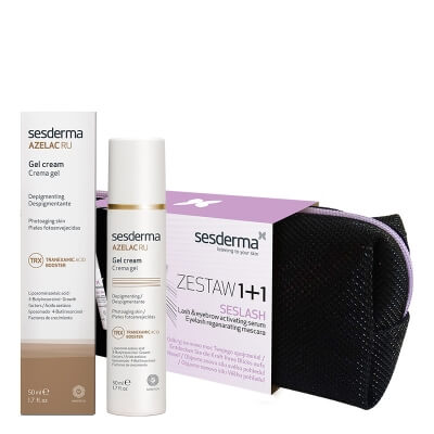 Sesderma Seslash + Seslash Black + Azelac RU Gel Cream ZESTAW ZESTAW Serum aktywujące wzrost rzęs i brwi 5 ml + Regenerujący tusz do rzęs 5 ml + Kosmetyczka czarna 1 szt + Krem-Żel depigmentujący