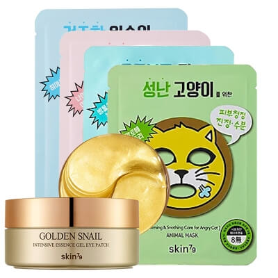 Skin79 Golden Snail Eye Patch + Animal Mask ZESTAW Płatki pod oczy 60 szt + Maski - wybielająca, nawilżająca, oczyszczająca, kojąca 4 x 1 szt