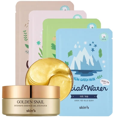 Skin79 Golden Snail Eye Patch + Fresh Garden Mask ZESTAW Płatki pod oczy 60 szt + Maski - odświeżająca, wygładzająca, nawilżająca, regenerująca 4 x 1 szt