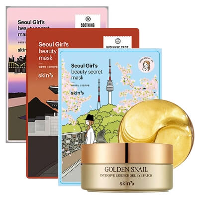 Skin79 Golden Snail Eye Patch + Seoul Beauty Mask ZESTAW Płatki pod oczy 60 szt + Maski - rozjaśniająca, przeciwstarzeniowa, kojąca 3 x 1szt