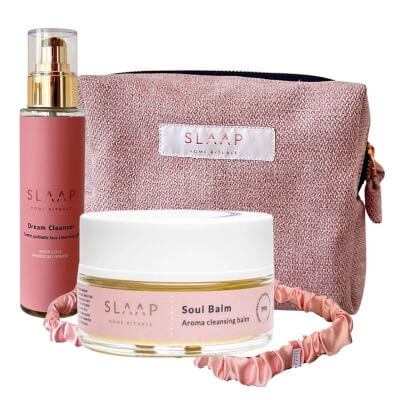 Slaap Sleep Tight Duo ZESTAW Aromatyczny balsam do demakijażu 100 ml + Delikatny prebiotyczny żel 150 ml + kosmetyczka 1 szt + opaska 1 szt
