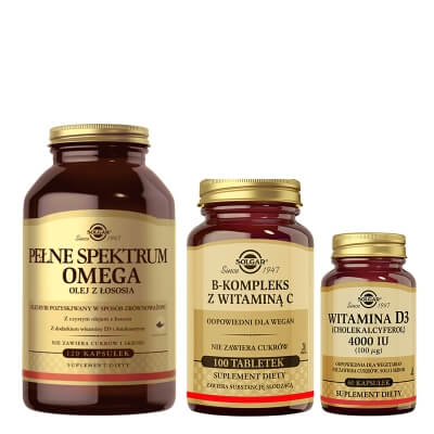 Solgar B-Kompleks z witaminą C + Witamina D3 4000 IU (100ug) + Pełne Spektrum Omega ZESTAW Suplement diety tab. 100 szt + Cholekalcyferol 60 kaps. + Olej z łososia 120 kapsułek