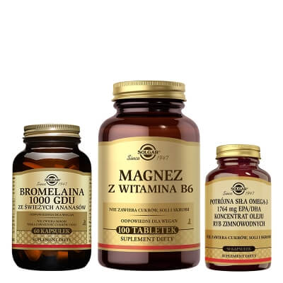 Solgar Bromelaina 1 + Omega-3 + Magnez z Witaminą B6 ZESTAW Bromelaina 1000 GDU 60 kapsułek + Omega-3 1764 mg EPA/DHA 50 kapsułek + Magnez z Witaminą B6 100 tabletek