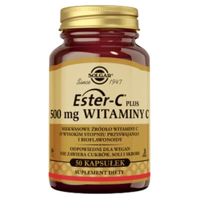 Solgar Ester-C Plus 500 mg Witaminy C Wysoko przyswajalne niekwasowe źródło witaminy C i bioflawonoidy 50 kapsułek