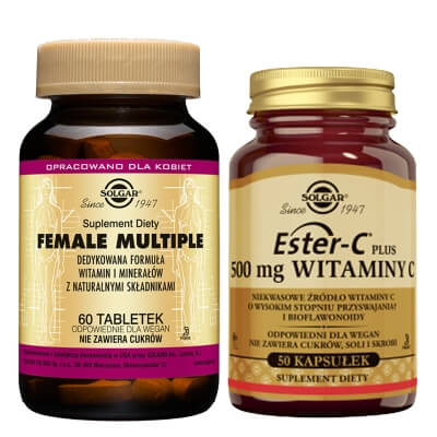 Solgar Ester-C Plus + Female Multiple ZESTAW Wysoko przyswajalne niekwasowe źródło witaminy C i bioflawonoidy 50 kapsułek + Formuła witamin i minerałów dla kobiet 60 tabletek