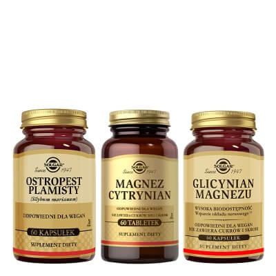 Solgar Glicynian Magnezu + Magnez Cytrynian + Ostropest Plamisty ZESTAW Suplement diety 60 kaps. + Suplement diety 60 tabletek + Milk Thistle 60 kapsułek