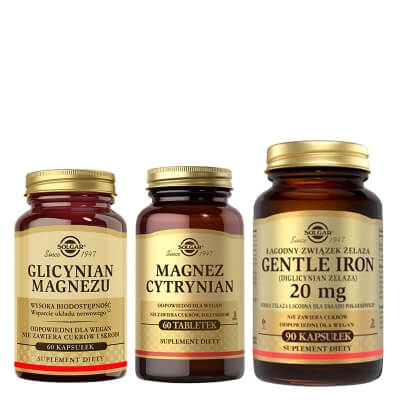 Solgar Glicynian Magnezu + Magnez Cytrynian + Żelazo ZESTAW Suplement diety 60 kaps. + Suplement diety 60 tabletek + Suplement diety 90 kapsułek