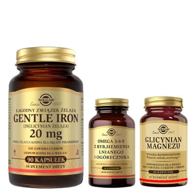 Solgar Glicynian Magnezu + Żelazo + Omega 3-6-9 ZESTAW Suplement diety 60 kaps. + Gentle Iron - łagodny związek żelaza 20 mg dwuglicynian żelaza 90 kapsułek + Z ryb, siemienia lnianego i og�