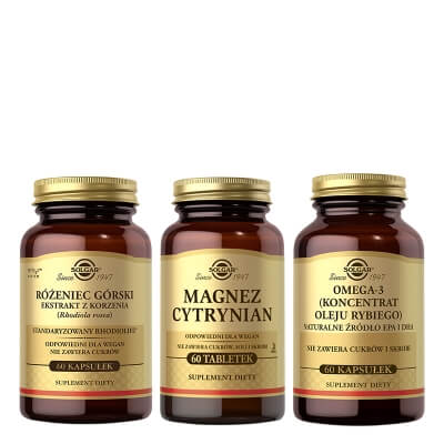 Solgar Healthy Set ZESTAW Różeniec górski 60 kapsułek + Magnez Cytrynian 60 tabletek + Omega-360 kapsułek