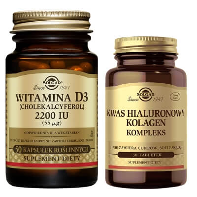 Solgar Jelitowa Flora Bakteryjna + Witamina D3 + Kwas Hialuronowy Kolagen ZESTAW Formuła probiotyczna 60 kapsułek + Witamina D3 50 kaps. + Kwas Hialuronowy Kolagen 30 tabletek