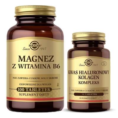 Solgar Magnez z Witaminą B6 + Kwas Hialuronowy Kolagen Kompleks ZESTAW 100 tabletek + 30 tabletek
