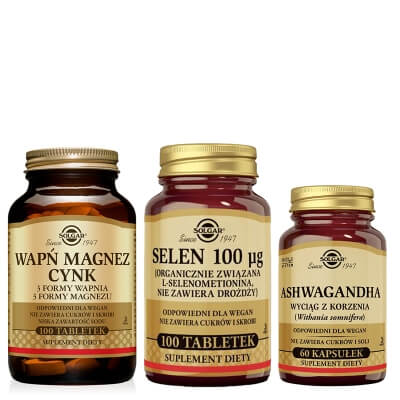 Solgar Równowaga Mineralna i Odporność Na Stres ZESTAW Ashwagandha 60 kaps. + Solgar Wapń, Magnez, Cynk 100 tabletek + Selen 100 tabletek