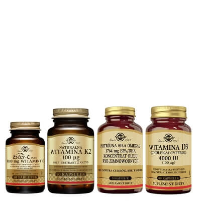 Solgar Witamina C + Witamina K2 + Witamina D3 + Omega-3 ZESTAW Suplement diety 30 tabletek + Suplement diety 50 kapsułek + Suplement diety 60 kaps + Suplement diety 50 kaps