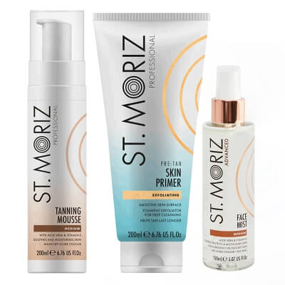 St Moriz Exfoliating Skin Primer + Face Mist Medium + Tanning Mousse ZESTAW Peeling 200 ml + Samoopalająca mgiełka do twarzy 150 ml + Mus samoopalający o średnim odcieniu 200 ml