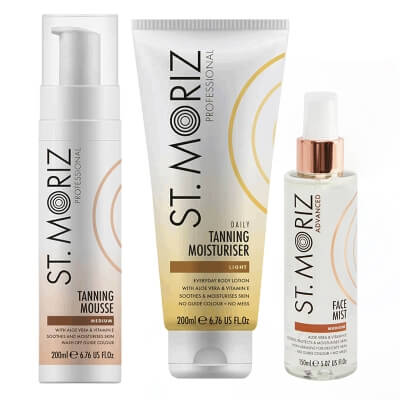 St Moriz Golden Glow Tanning Moisturizer + Tanning Mousse + Face Mist Medium ZESTAW Balsam budujący opaleniznę 200 ml + Mus samoopalający (Medium) 200 ml + Samoopalająca mgiełka do twarzy 150 ml