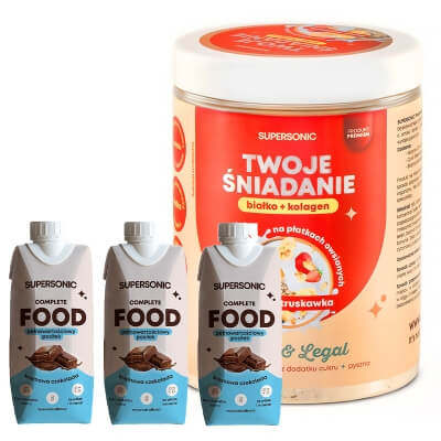 Supersonic Food Ready to Drink x 3 + Wysokobiałkowe Śniadanie z Kolagenem ZESTAW Pełnowartościowy posiłek o smaku kremowej czekolady 330 ml x 3 + Owsianka - banan i truskawka 420 g