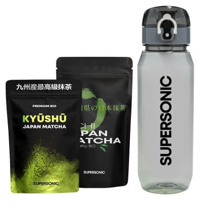 Supersonic Kyushu + Aichi + Butelka do Napoju ZESTAW Organiczna japońska matcha 80 g + Wysokiej jakości japońska matcha 100 g + Butelka 800 ml
