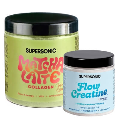 Supersonic Matcha Latte Collagen + Flow Creatine ZESTAW Matcha latte z kolagenem i mleczkiem kokosowym 280 g + Kreatyna liposomalna z żeń-szeniem - mango, marakuja 150 g