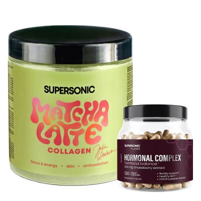 Supersonic Matcha Latte Collagen + Hormonal Complex ZESTAW Matcha latte z kolagenem i mleczkiem kokosowym 280 g + Suplement diety 120 kapsułek
