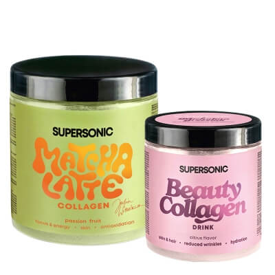 Supersonic Matcha Latte Collagen Marakuja + Collagen Beauty Drink ZESTAW Matcha latte marakuja 280 g + Kolagen - Owoce cytrusowe 185 g