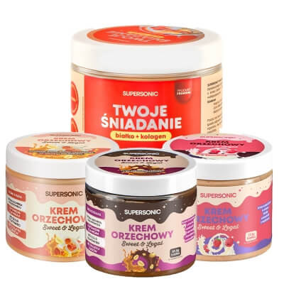 Supersonic Peanut Spread + Wysokobiałkowe Śniadanie z Kolagenem ZESTAW Krem orzechowy - różne smaki 3 x 160 g + Owsianka - banan i truskawka 420 g