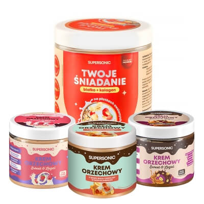 Supersonic Peanut Spread + Wysokobiałkowe Śniadanie z Kolagenem ZESTAW Krem orzechowy - różne smaki 3 x 160 g + Owsianka - banan i truskawka 420 g