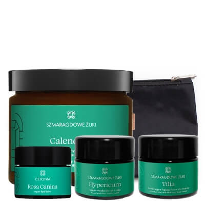 Szmaragdowe Żuki Complex Skin Care ZESTAW Aromaterapeutyczny peeling 300 g + Krem do dłoni i stóp 50 ml + Krem do cery suchej i normalnej 50 ml + Booster 15 ml kosmetyczka 1 szt