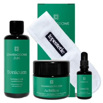 Szmaragdowe Żuki Face Skin Care ZESTAW Leciutkie serum do twarzy 30 ml + Nawilżający tonik 100 ml + Krem do cery normalnej i mieszanej 50 ml + Biała opaska kosmetyczna 1 szt.
