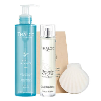 Thalgo Gift Set ZESTAW Gąbka konjac do mycia twarzy 1 szt + Upiększający tonik 200 ml + Nawilżająca mgiełka do ciała 100 ml