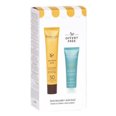 Thalgo Sun Duo Face And Body ZESTAW Przeciwzmarszczkowy fluid do twarzy SPF 50 + Wielofunkcyjne mleczko w formule żelu 30 ml