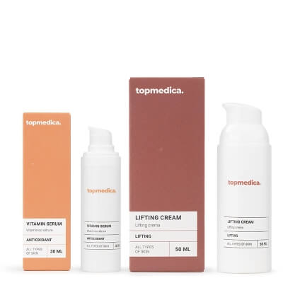 topmedica Pielęgnacja Liftingujaco - Rozświetlająca ZESTAW Serum rewitalizujące z kwasem glikolowym i kompleksem witaminowym dla skóry zmęczonej, poszarzałej 30 ml + Krem liftingujący z DMAE i k