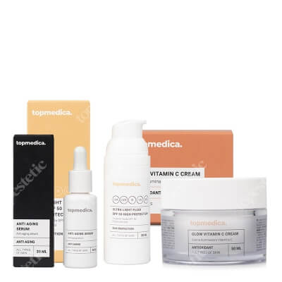 topmedica Pielęgnacja Przeciwstarzeniowo - Rozświetlająca ZESTAW Serum przeciwstarzeniowe 30 ml + Krem z witaminą C 50 ml + Ultra lekki fluid 50 ml