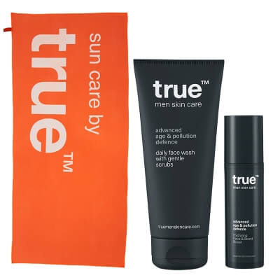 True Daily Face Wash For Men + Hydrating Face and Beard Boost + Ręcznik plażowy ZESTAW Nawilżający żel do mycia twarzy 200 ml + Nawilżacz do twarzy i brody 50 ml + Ręcznik 1 szt