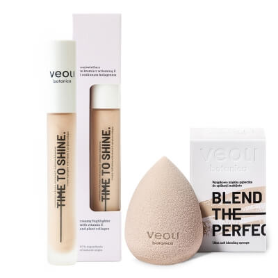 Veoli Botanica Blend and Shine ZESTAW Gąbeczka do makijażu 1 szt + Rozświetlacz w kremie z witaminą E i roślinnym kolagenem 10 ml